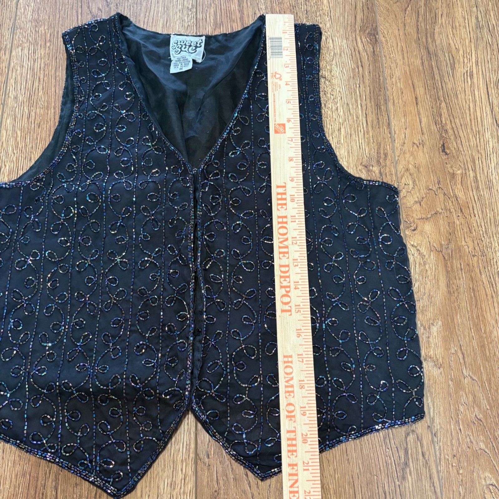 VTG 90s Sweet Sue Beaded 100% Silk Vest Black Iridescent Womens M Whimsigoth