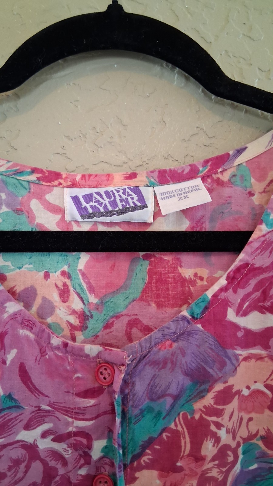 Vintage 80s Laura Tyler Cotton Floral Dress 2X Boho Cottagecore V Neck Mini