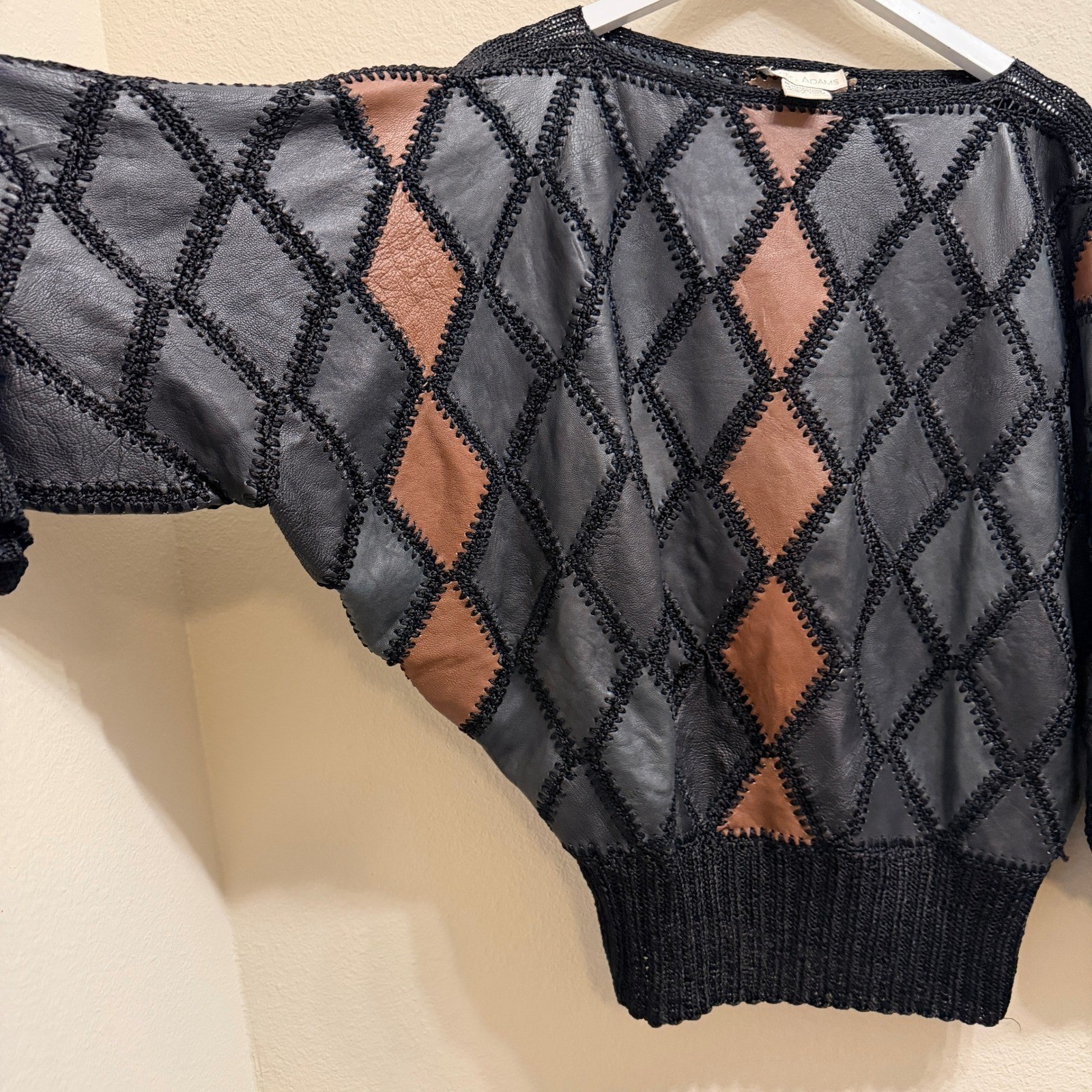 Vintage Leather Patchwork Sweater Diamond Knit Oversized Vintage Eclectic 80s
