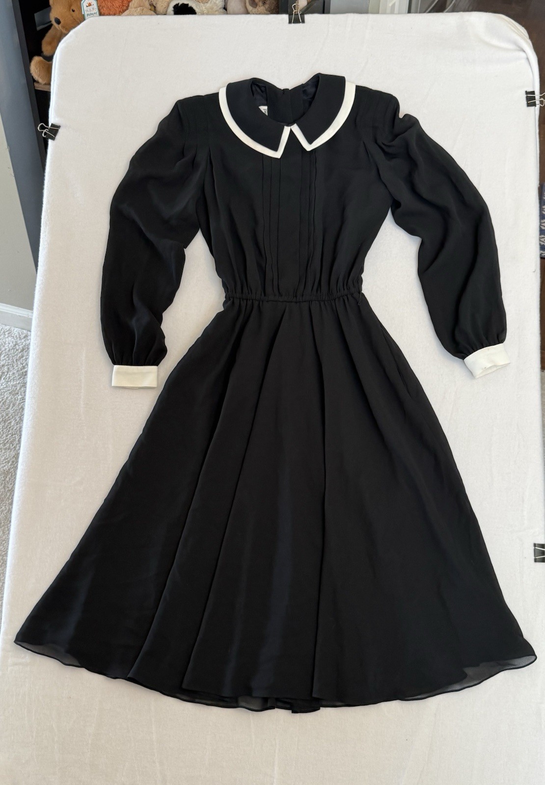Vintage Pierre Cardin Boutique Black White Crepe Midi Dress Peter Pan Collar 8