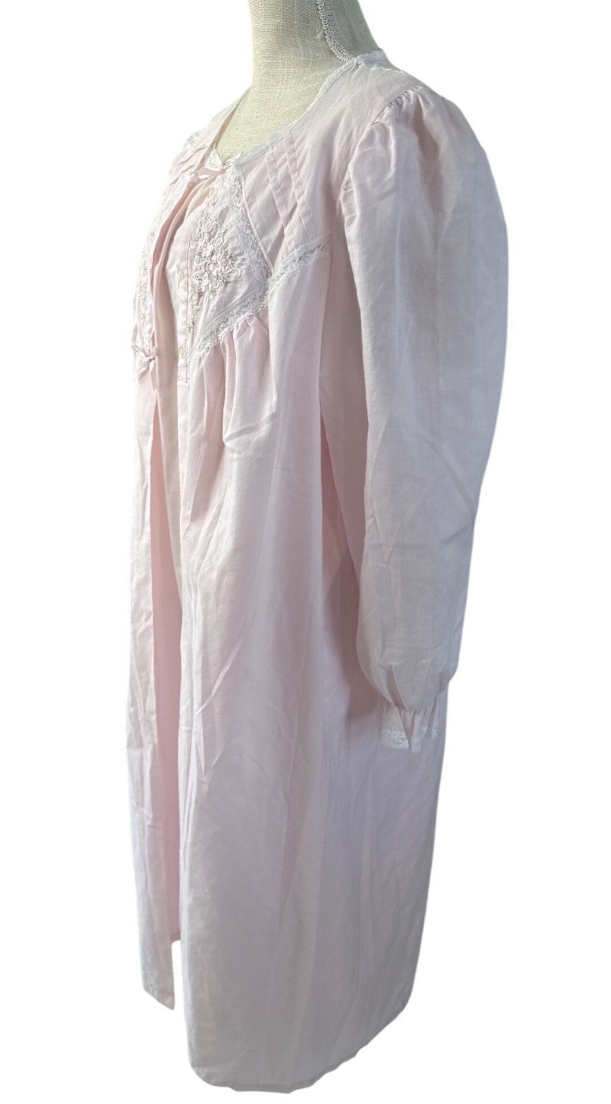 Vintage Cachet Cotton Pink Lace Embroidered Nightgown/Robe Set L 16-18