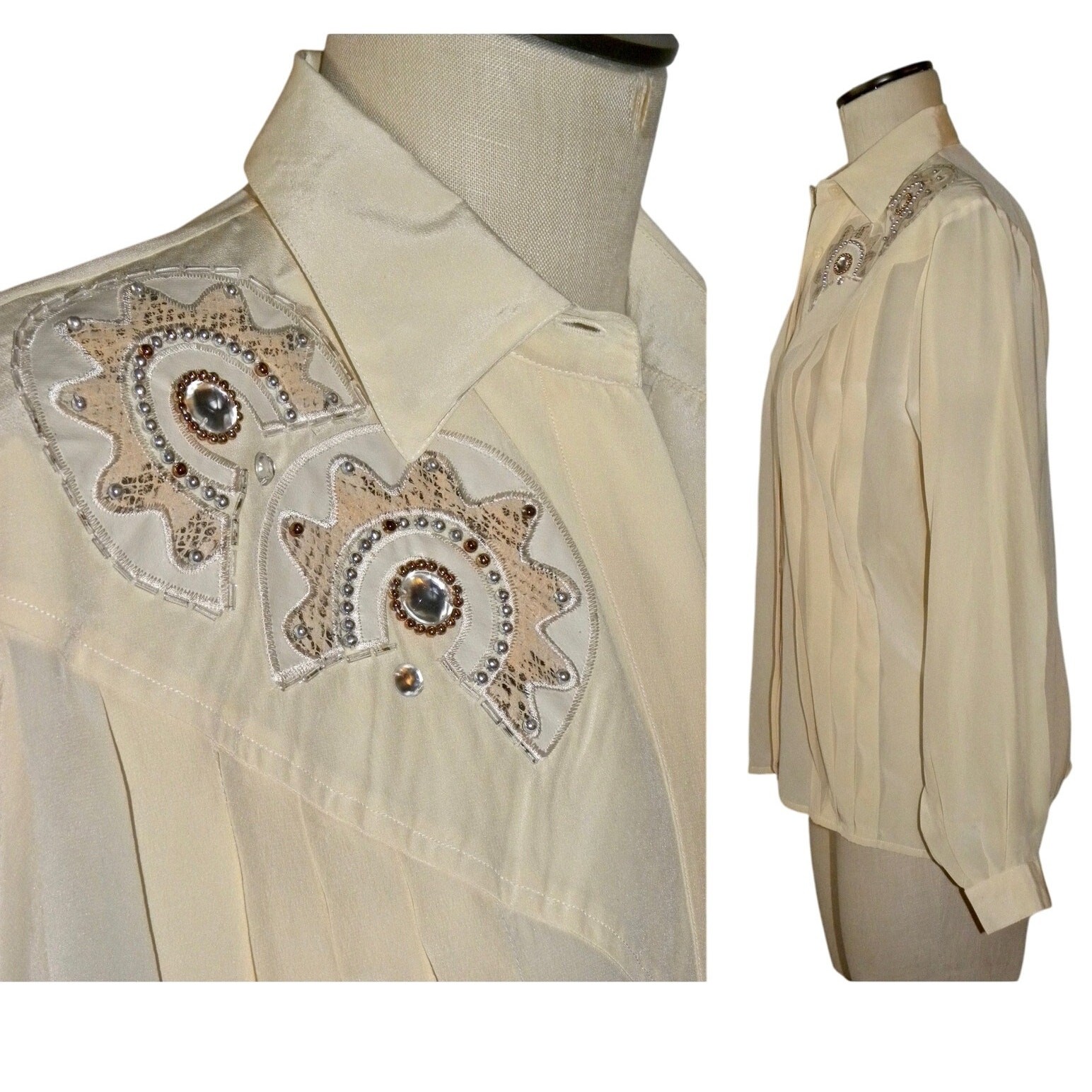 Vintage 80s Ivory Silk Tuxedo Blouse Beaded Rhinestone Appliqué Hidden Placket