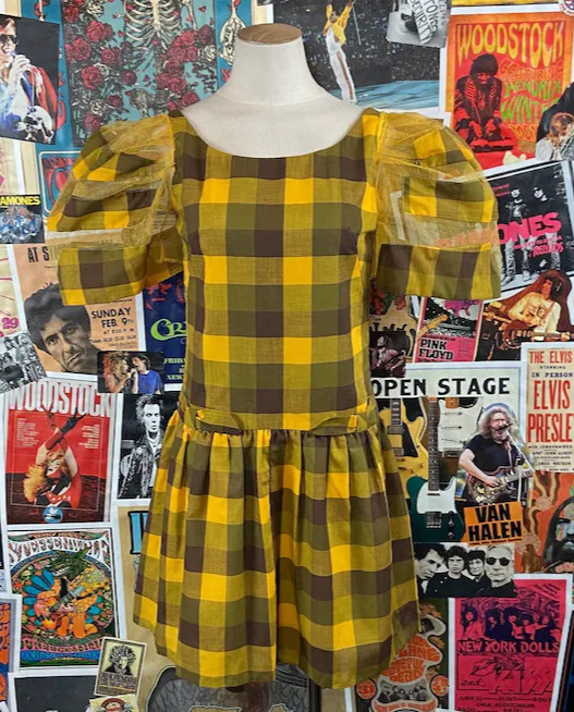 Vtg 60s Yellow Plaid Orangza Puff Sleeve Handmade Drop Waist Dress PXS Mod
