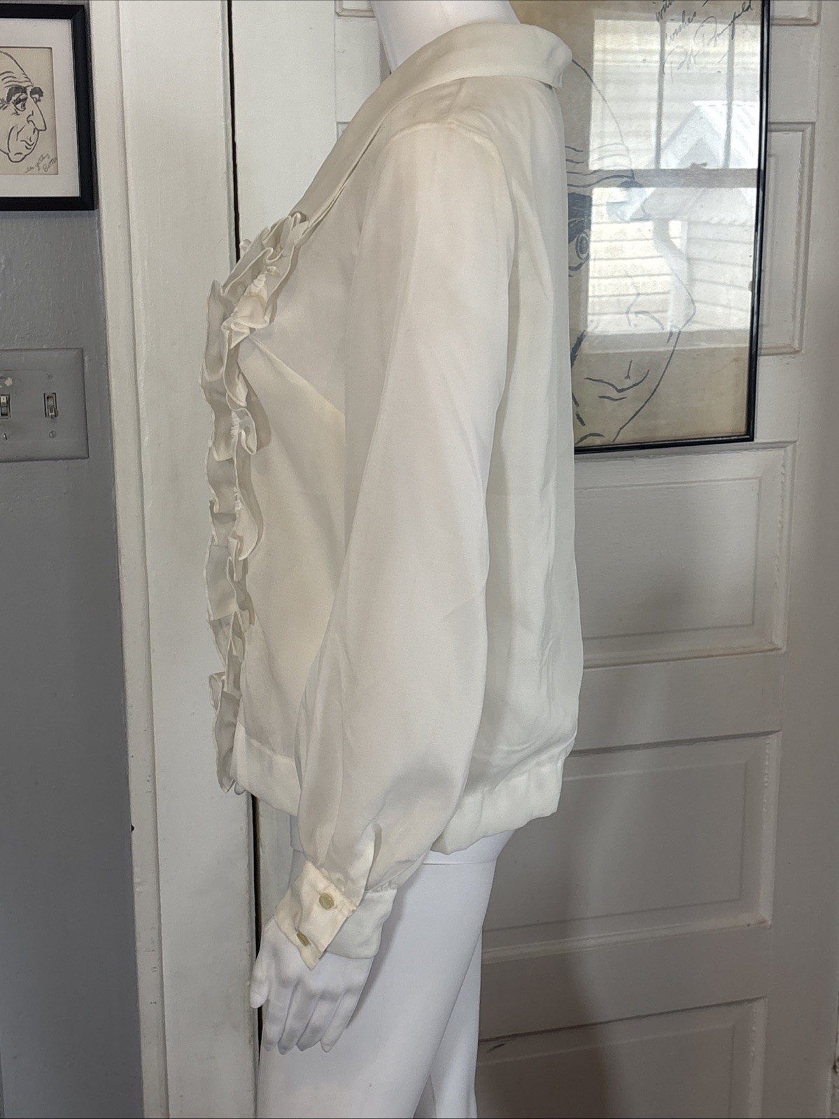 VTG 70s Women’s White Cropped Ruffle Shirt ALADDIN 36/16 Longsleeve Button Sheer
