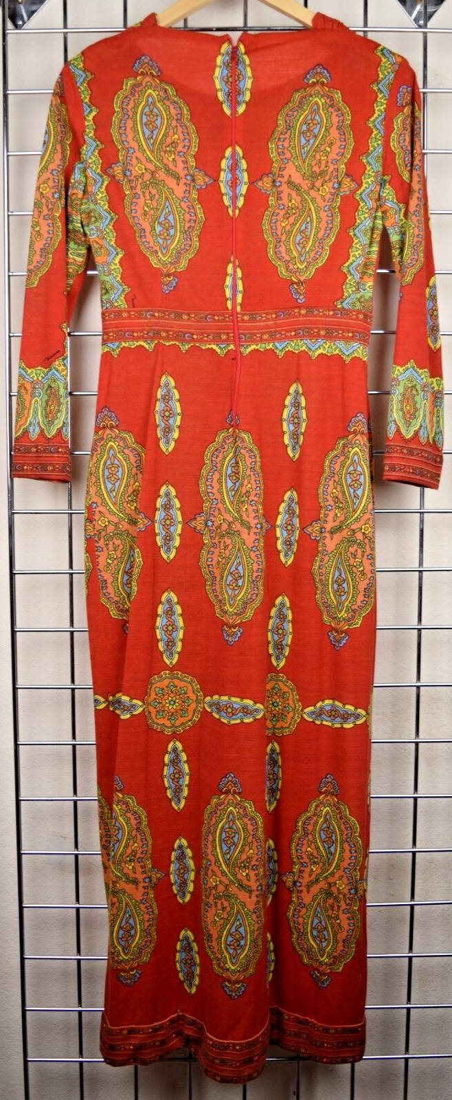 Vintage Maxi Dress Maurice Siz S/M 60s Rusty Orange Kaleidoscopic Print Back Zip