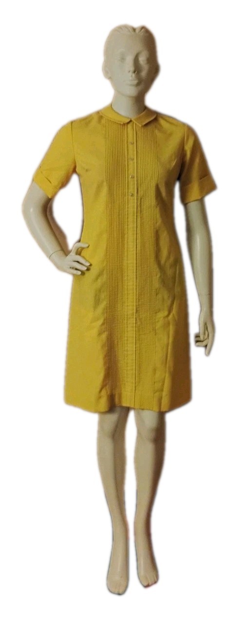 VTG 1970’s „the Art Shirt” Yellow Linen Pleated Ribbed Front Shirt Dress 9-10