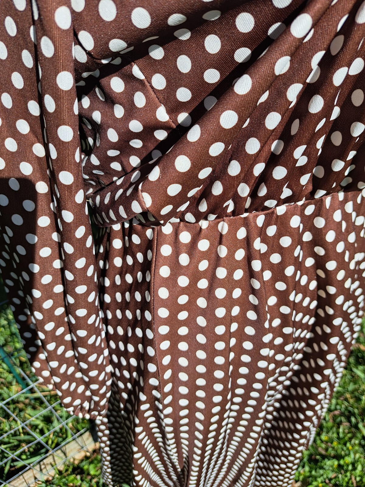 Vintage 70s Brown and White Polka Dot Puffy Dress S/M Long Flow Skirt