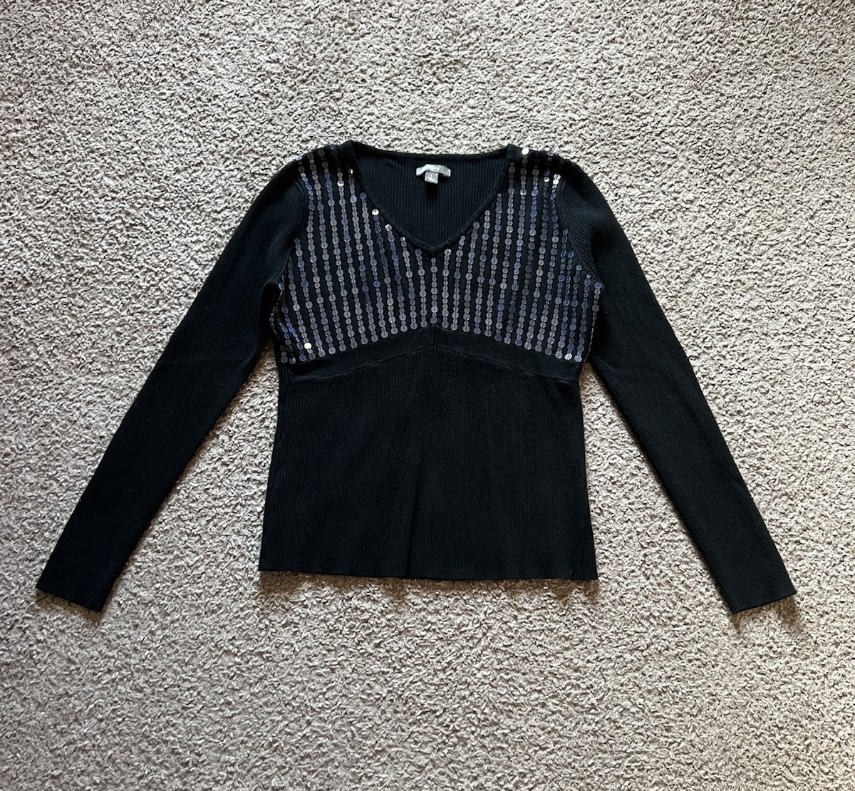 Vintage Y2K 90s Top Large Black Sequin Knit Ribbed Sweater Whimsigoth Fairy Goth