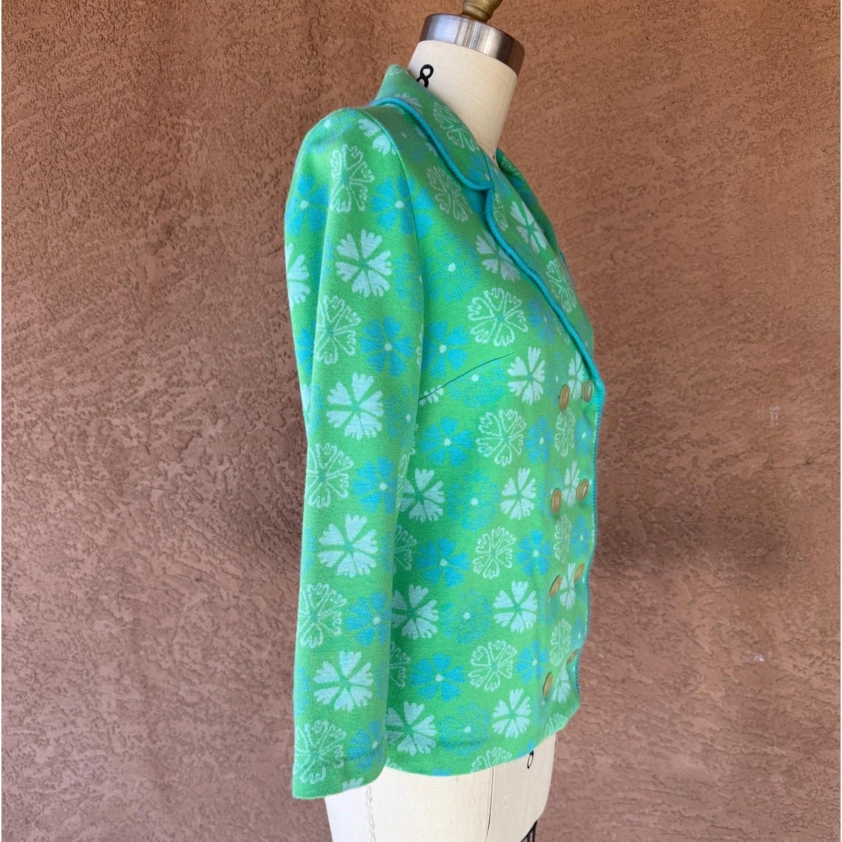 1960s Mod Floral Knit Blazer Jacket, Green Blue Orlon Double Breasted