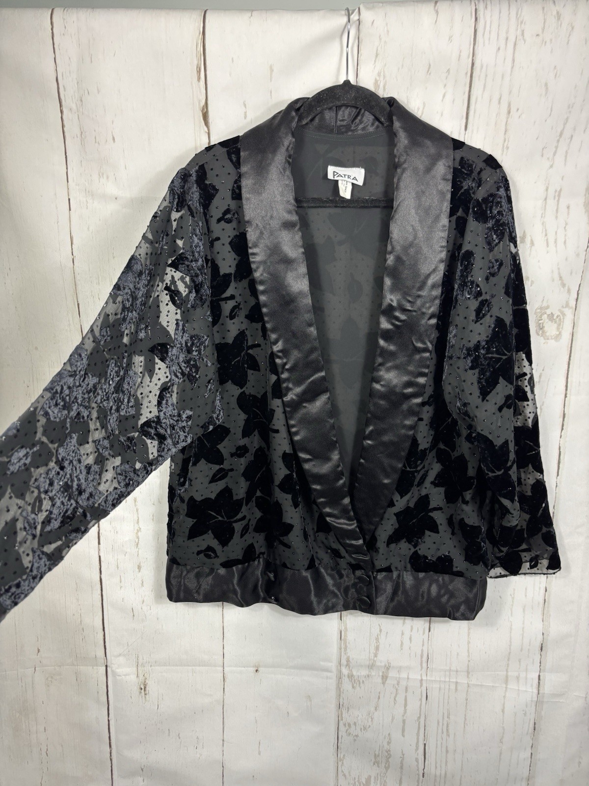 Vintage Velvet Satin Floral Patra Open Jacket Cardigan Satin Shawl Collar Sz XL