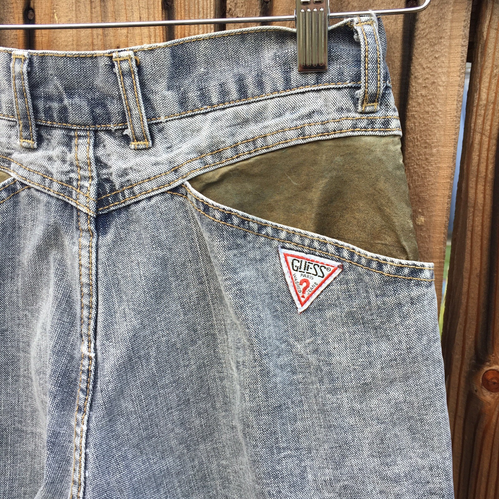 VTG Guess Mom Jeans High Waist Denim Leather USA Georges Marciano Distressed 27