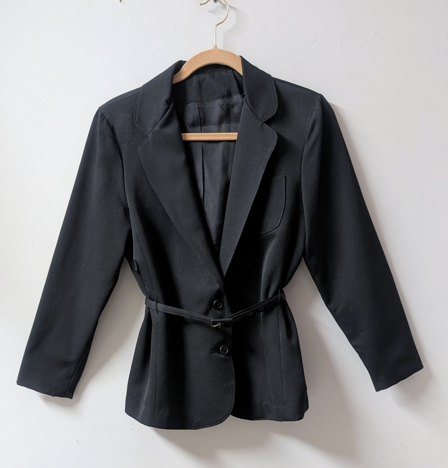 Happy Legs Vintage 70’s Black A-Line Skirt Suit Set Belted 2 Button S 6
