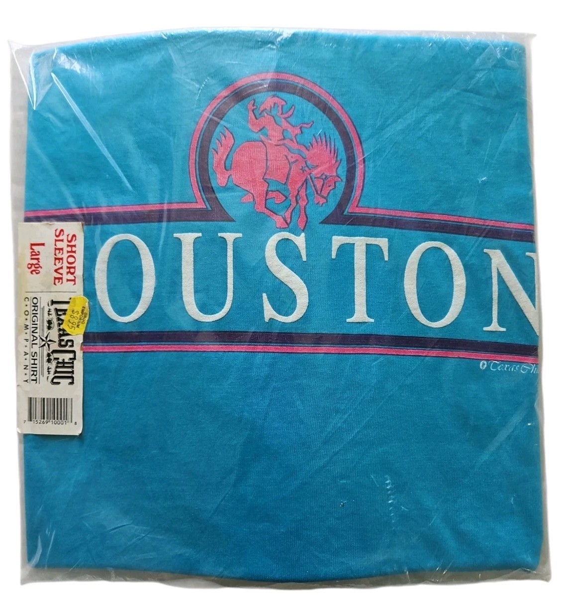 Vintage 1990 NIP Fruit Of The Loom T-shirt Teal Houston Texas Chic Rodeo Graphic