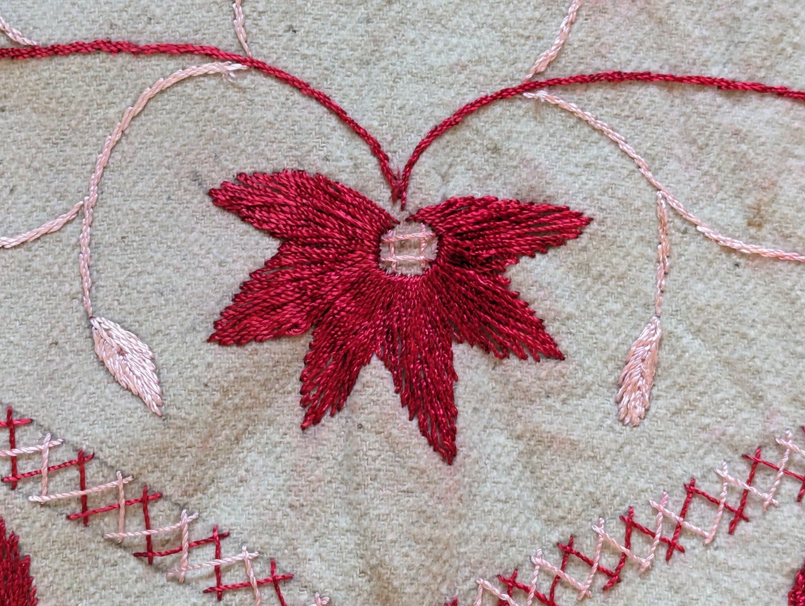 VTG Boho Chic Hippie Unbleached Wool Red Velvet Embroidered Fringe Poncho OOAK
