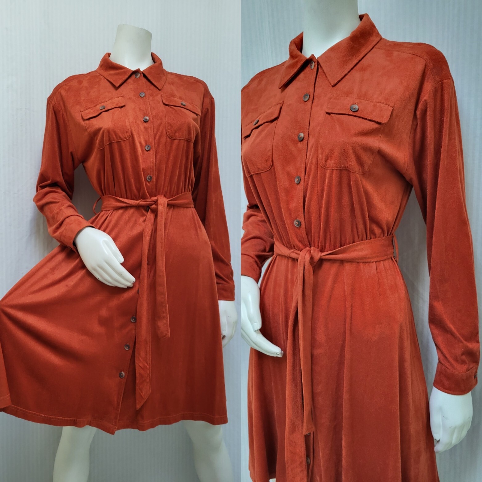 Vintage CALVIN KLEIN Orange Ultrasuede Shirt Dress w/ Tie Belt – Size M