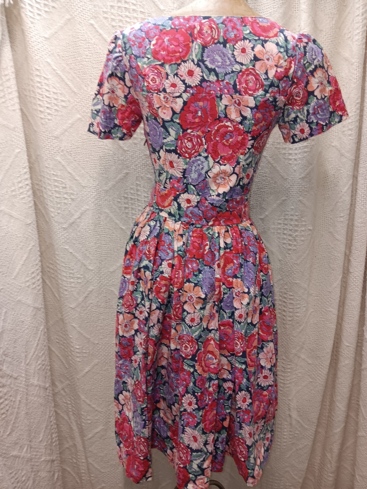 Vtg 1980’s Retro 50’s Red Pink Green Peach Black Cotton Dress Size XS