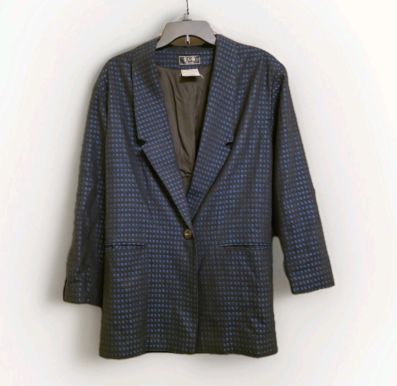 Vintage Ego Fashions European Black And Blue Patterned Blazer Size 9 Wool Blend