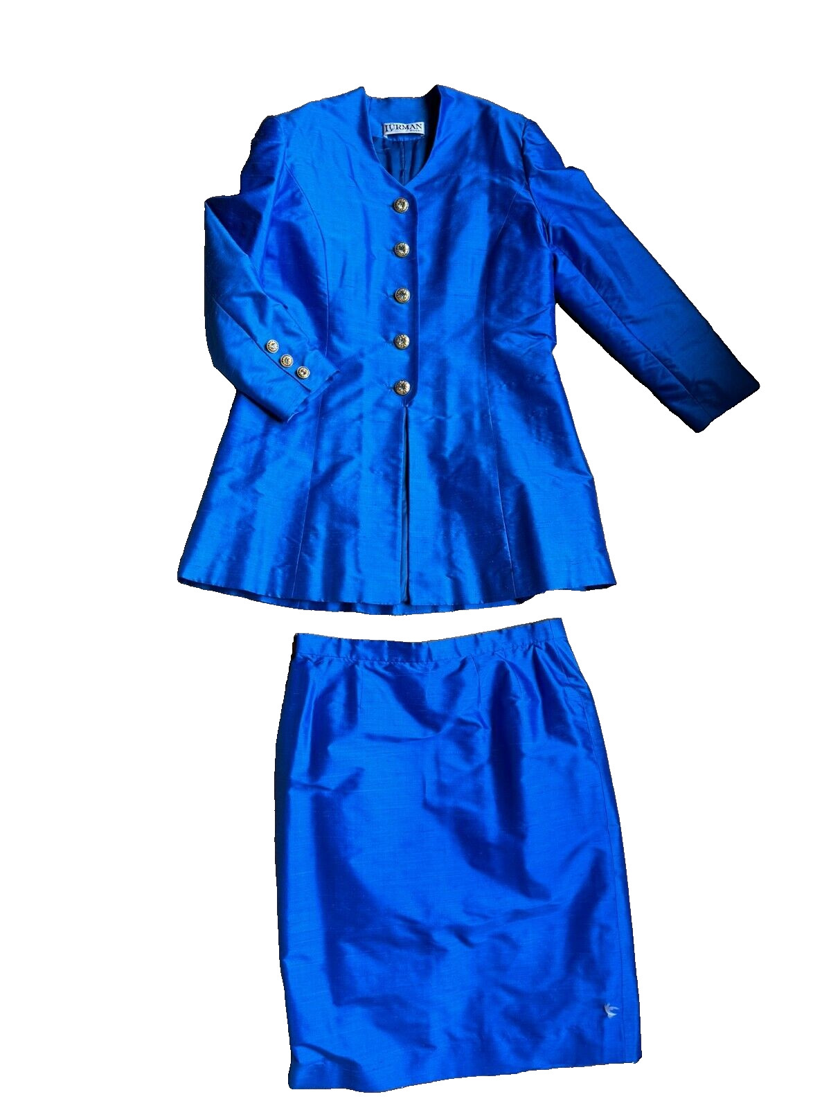 Vintage Silk Costume Royal Blue 38 40 Blazer Coat Jacket Pencil Skirt 80s 90s