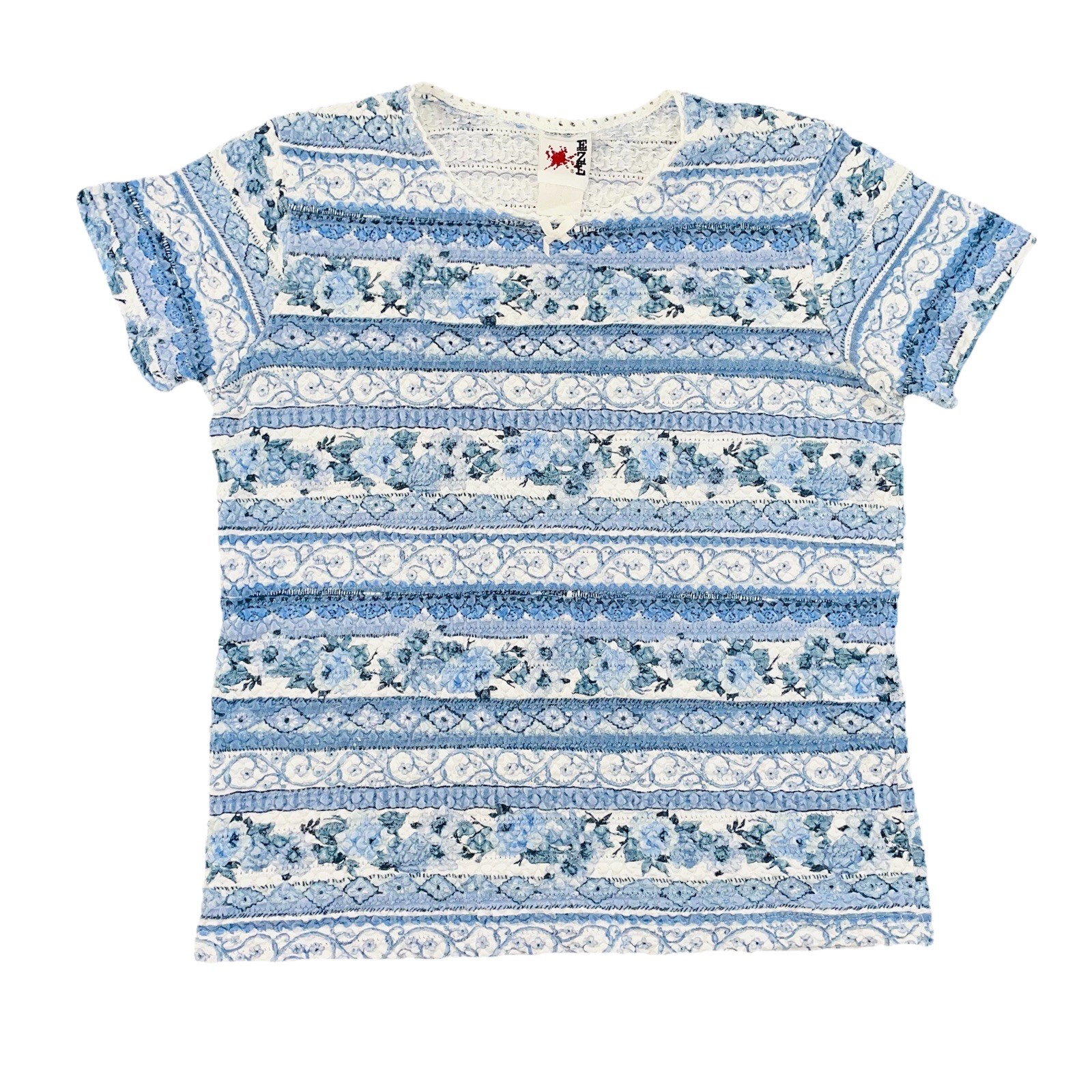 Vintage Marcy n Me EZE Blue Floral Seersucker Crinkle Plisse Top Crochet Bow M