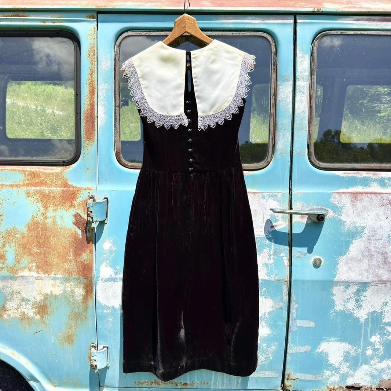 60s Miss Lanz black velvet dress w/ button back, large bow, satin lace collar