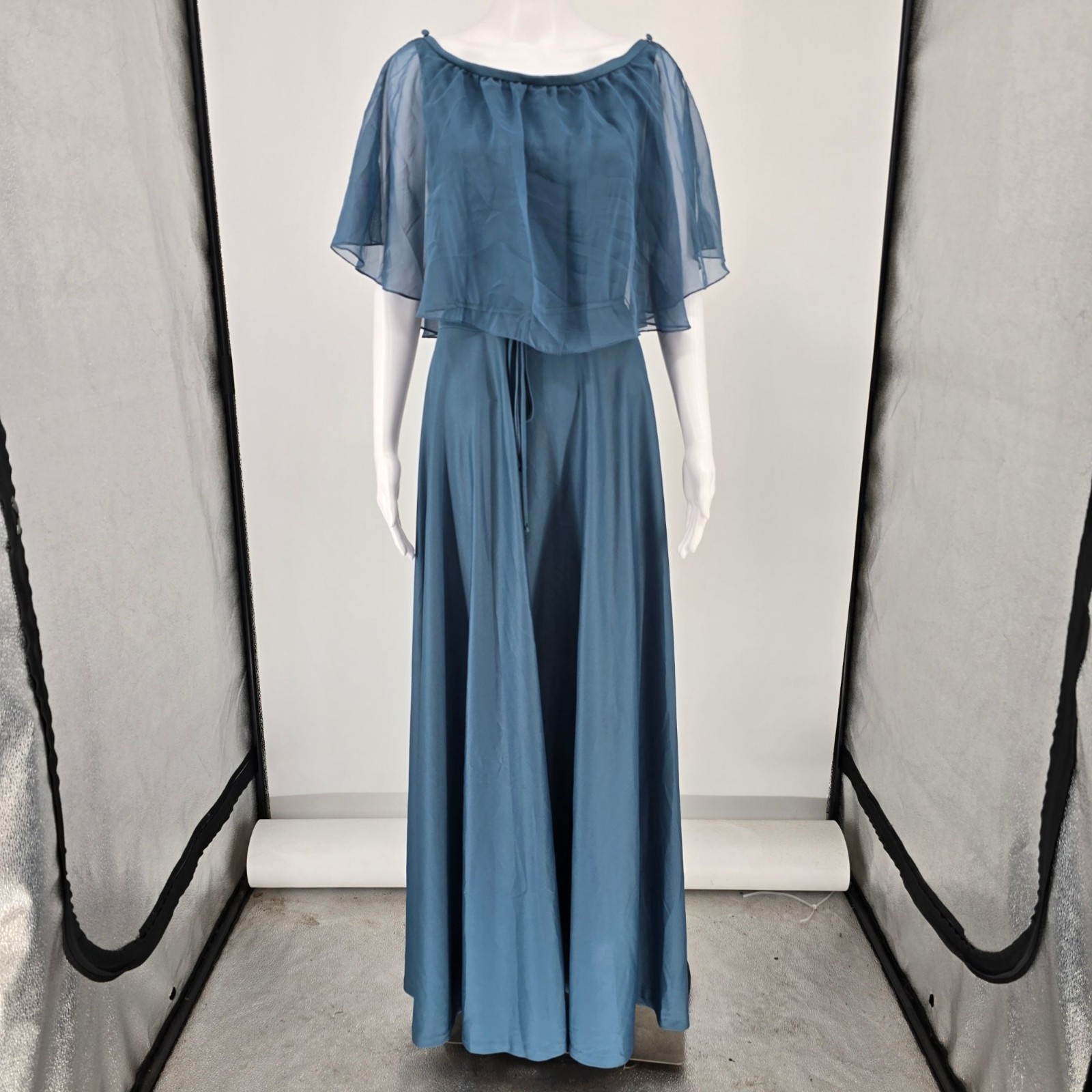 Vintage 1970s Themes Blue Chiffon Flutter Cape Disco Maxi Dress (Size 6/S)