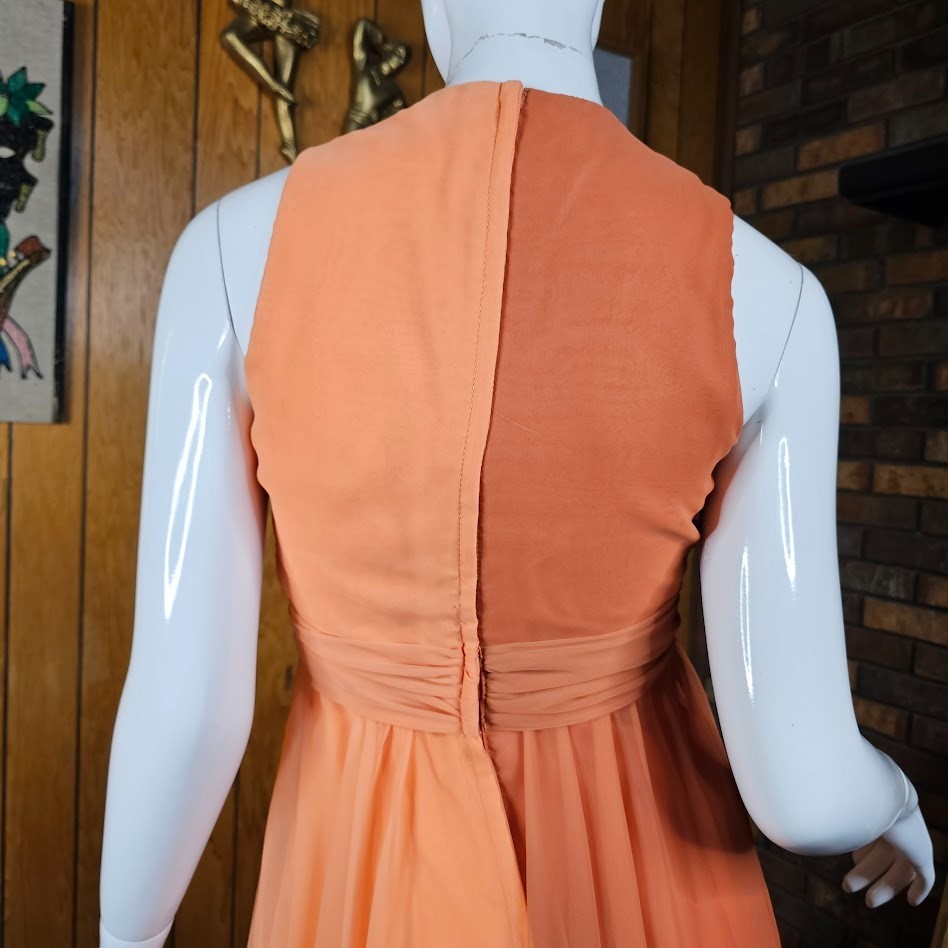 Vtg 70s Peach Chiffon Formal Maxi Dress Rosette Prom Bewitched Party Wedding S