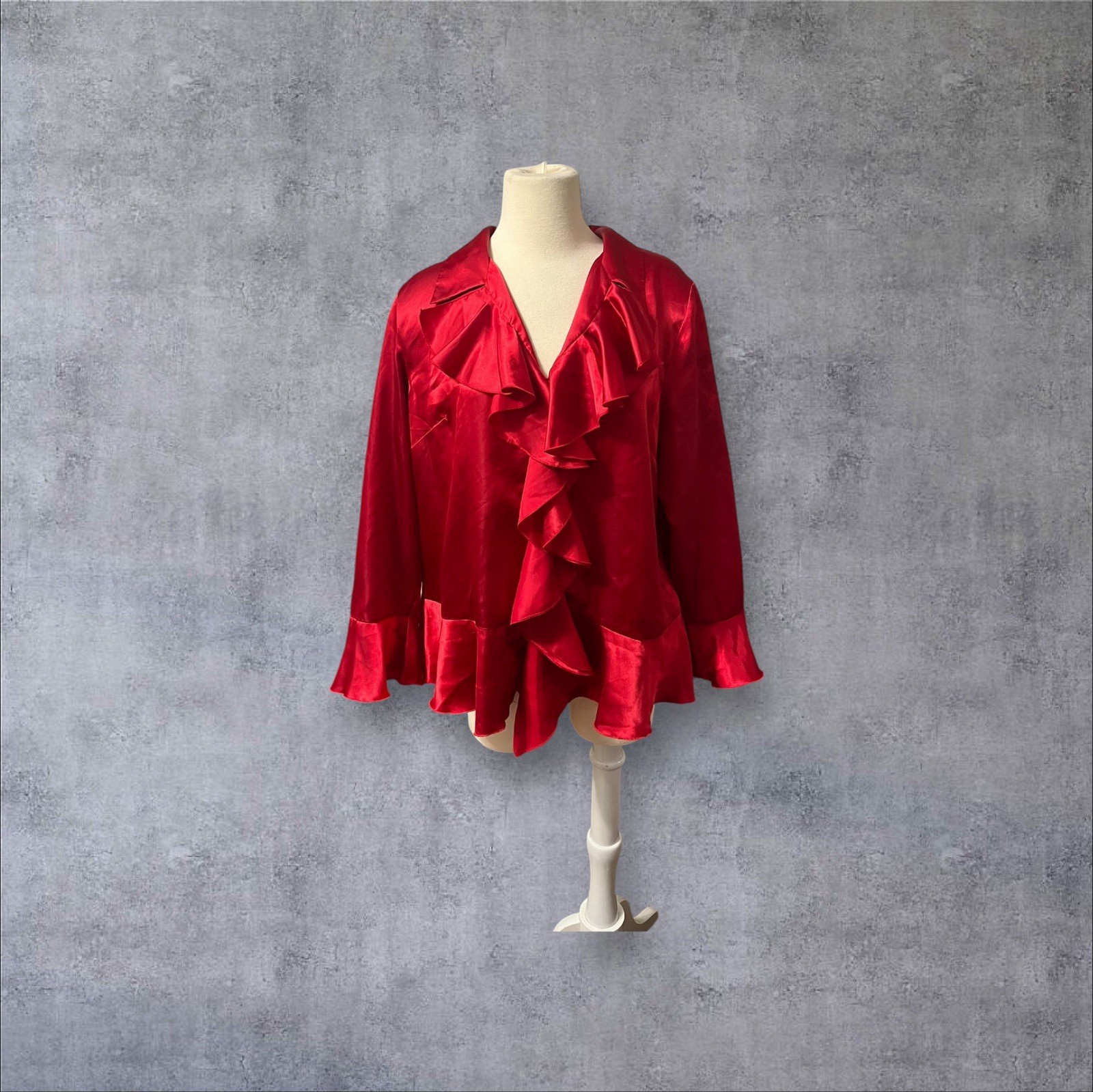 Vintage y2k Red Satin Ruffle Clowncore Denim 24/7 Sz 18W (XXL) Plus Size Blouse