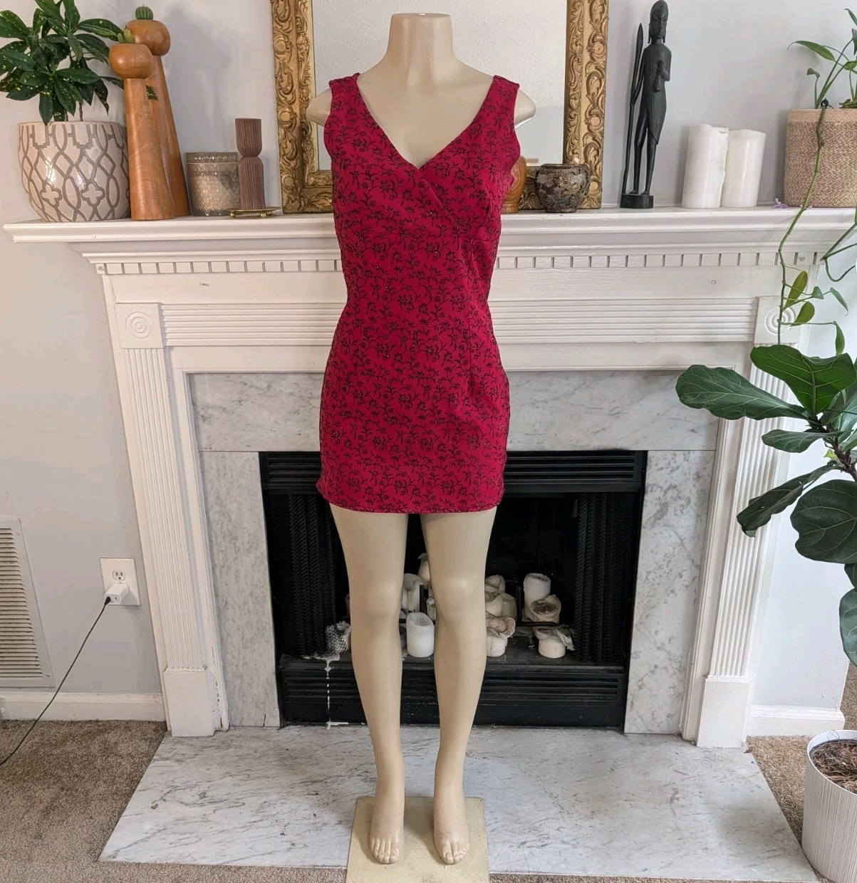 Vintage 80s Red Black Faux Wrap Mini Dress Size S Floral Flocked Silver Glitter