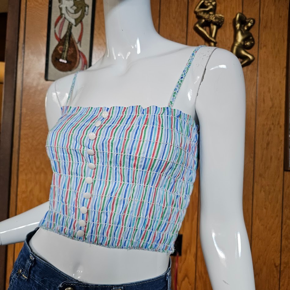 Vtg 70s Pride Rainbow Stripe Smocked Crop Baby Tee Tube Top Festival Shirt M