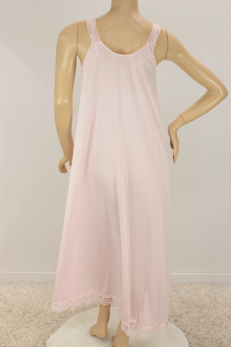 Vtg NWT Texsheen Lingerie Nightgown Medium Pink Nylon Lace Long Nightie Girly