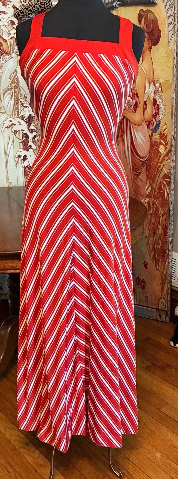 Vintage Sleeveless Trolley Car Maxi Dress Candy Cane Chevron Stripes Small