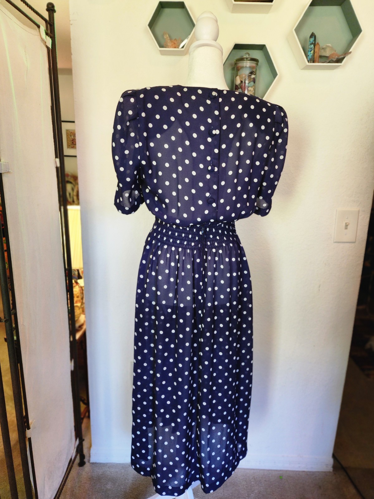 90s VTG KARIN STEVENS Cottagecore Modest Petites Polka Dot Pleated Midi Sz P8