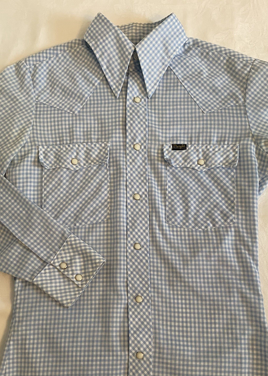 Vintage Wrangler Pearl Snap Western Shirt Womens Blue Gingham Size S Made In USA