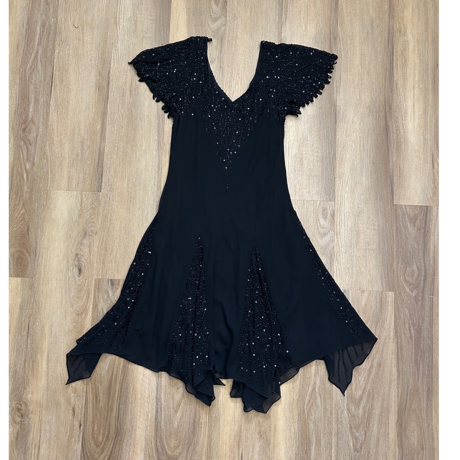Vtg Black Beaded Handkerchief Hem Dress 16 Whimsigoth Fairycore Dark romantic