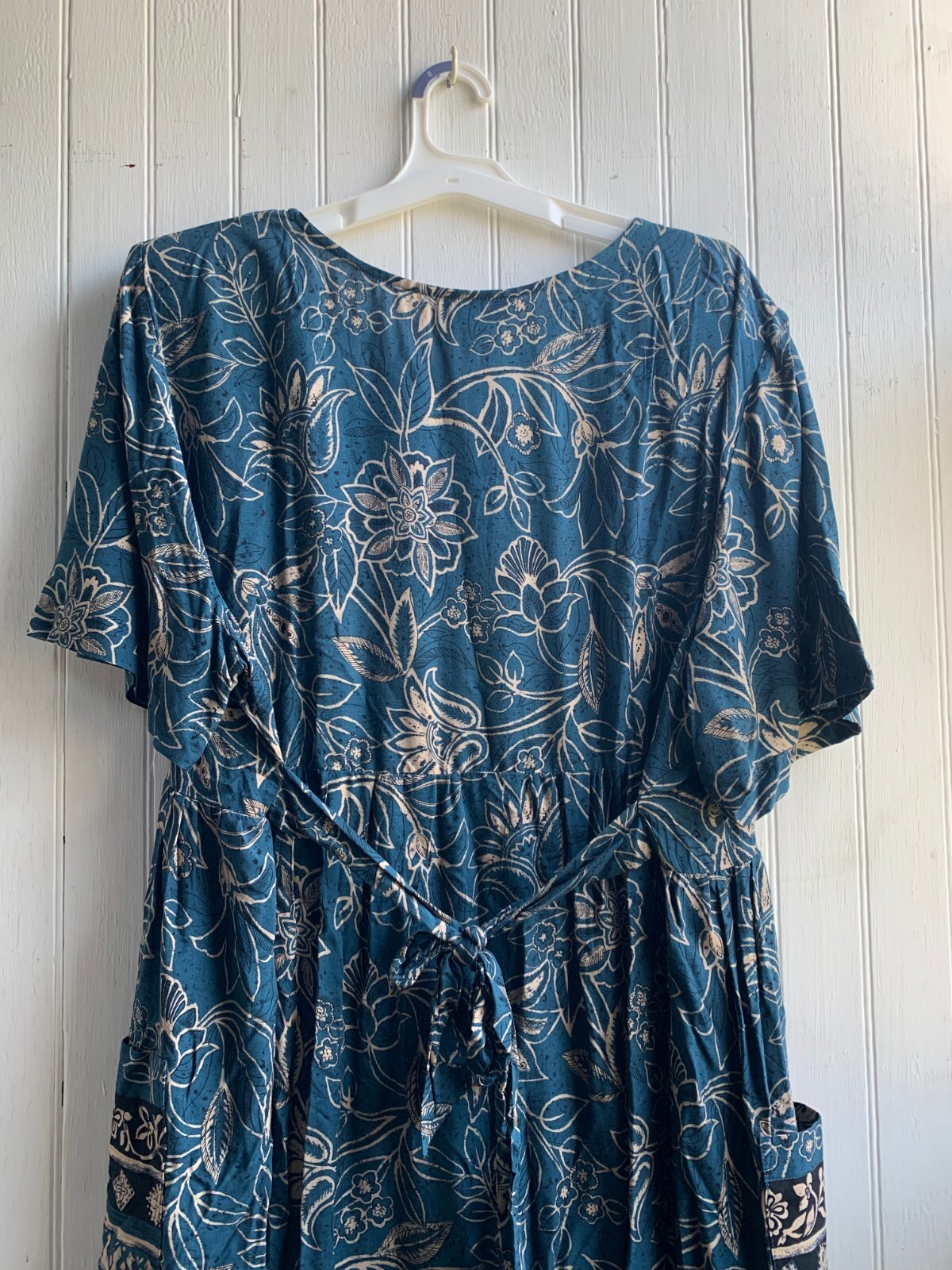 More Jazz Vintage 90s Y2K Blue Floral Waist Tie Maxi Dress Buttons Pockets SZ 2X