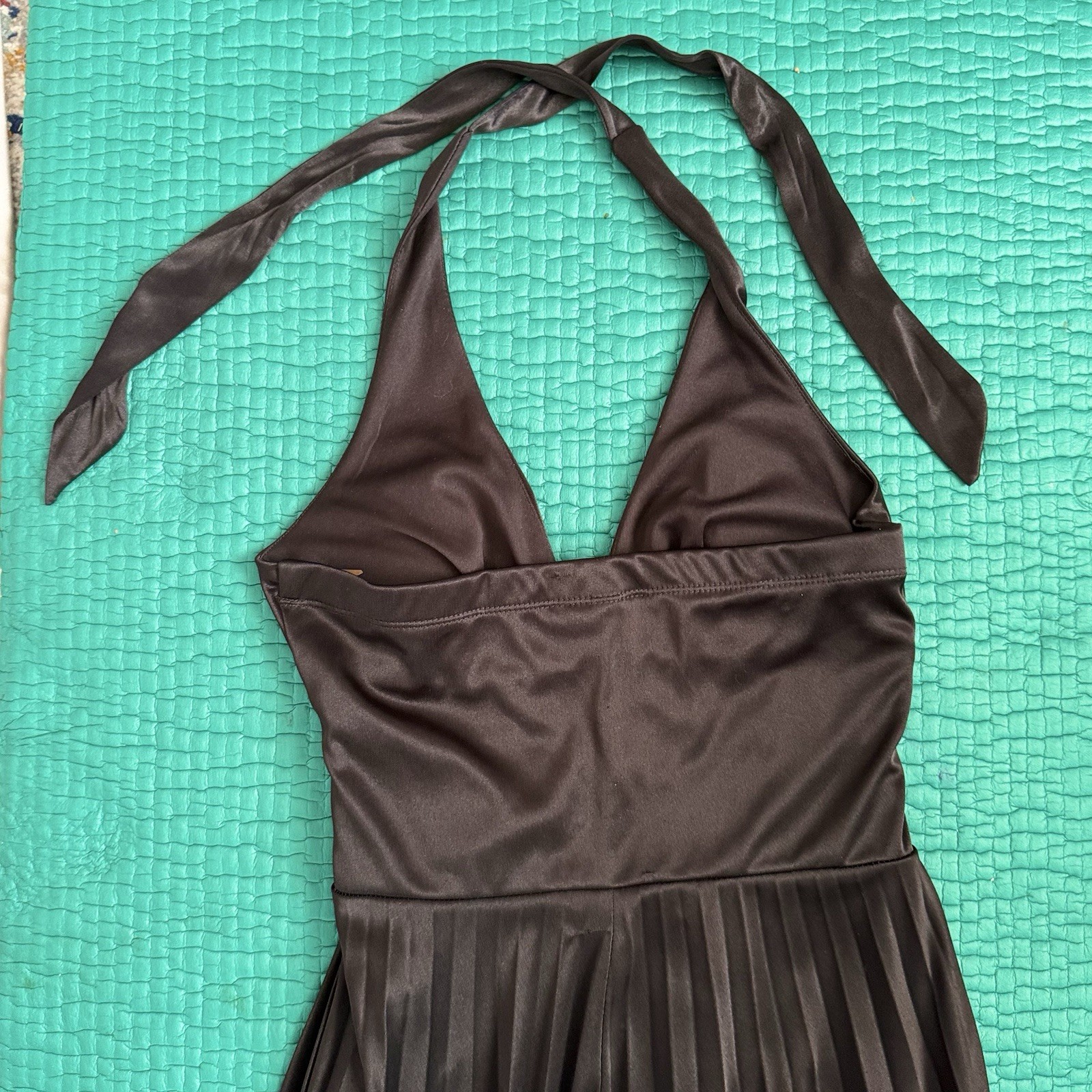 Vintage Y2K Speechless Midi Party Dress Halter Pleated Satin Black Sz S 2000s