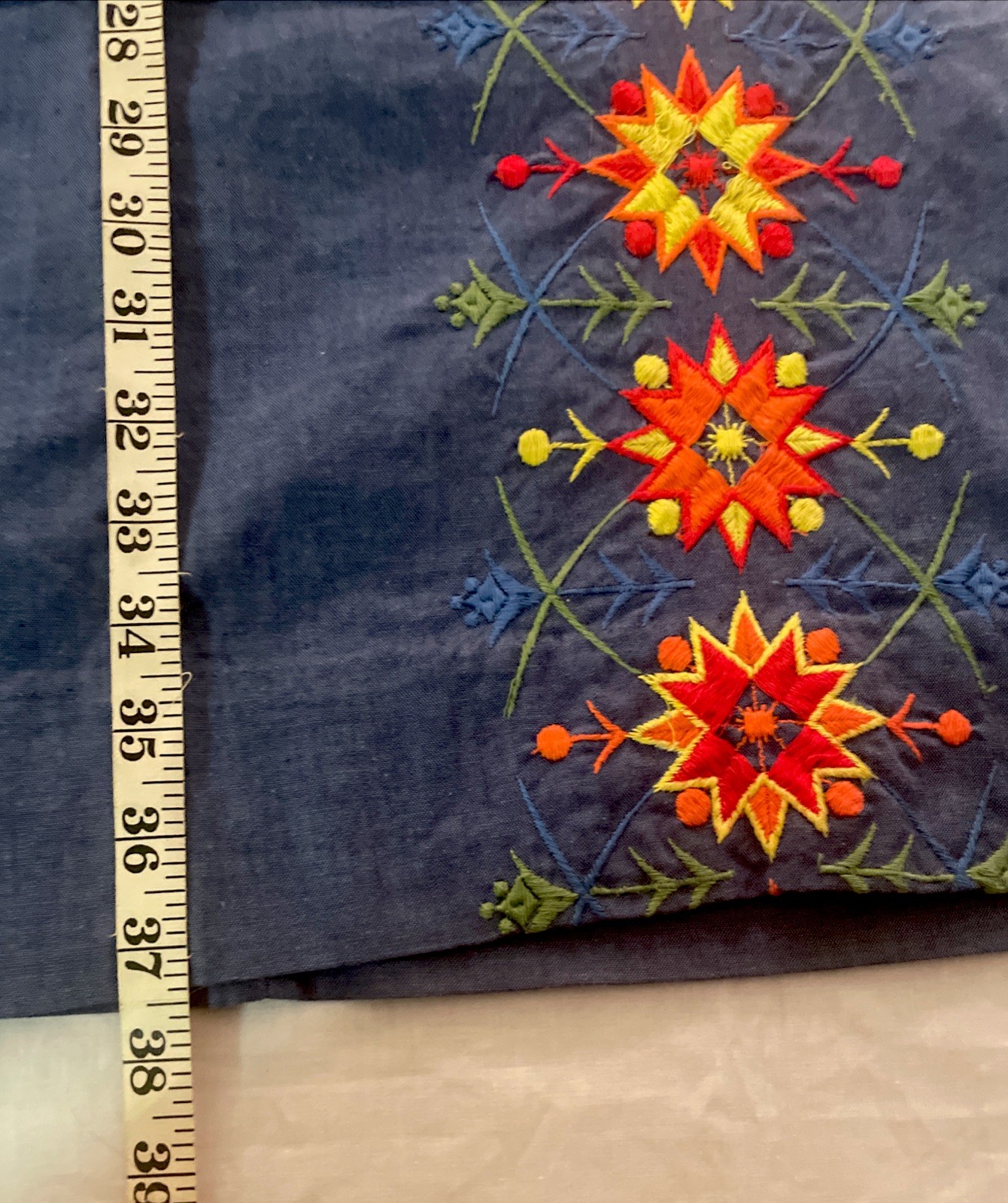 Vintage 60s 70s Katz Shift Dress Chambray Nordic Sunburst Embroidery 34 EUC