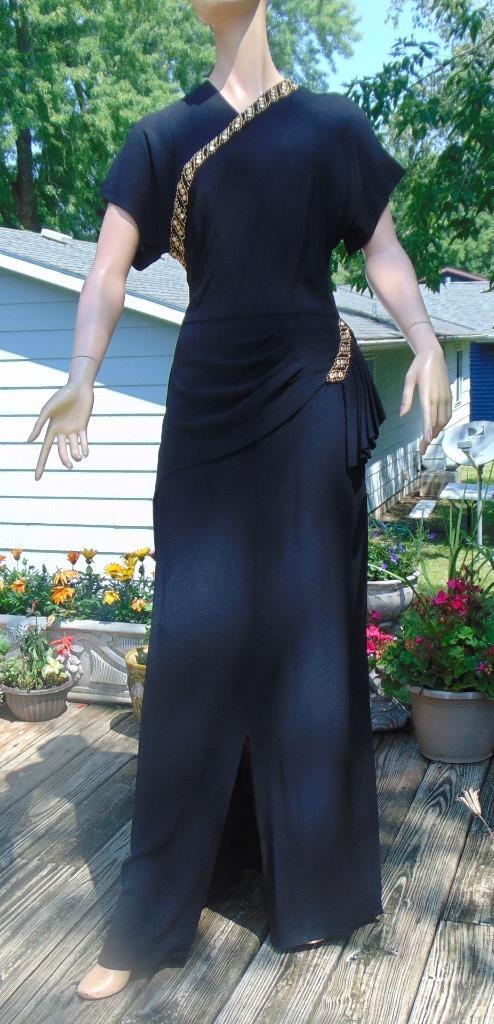 VTG 40s Ted Shore Design Black Crepe Draped & Studded Cocktail Dress 28W