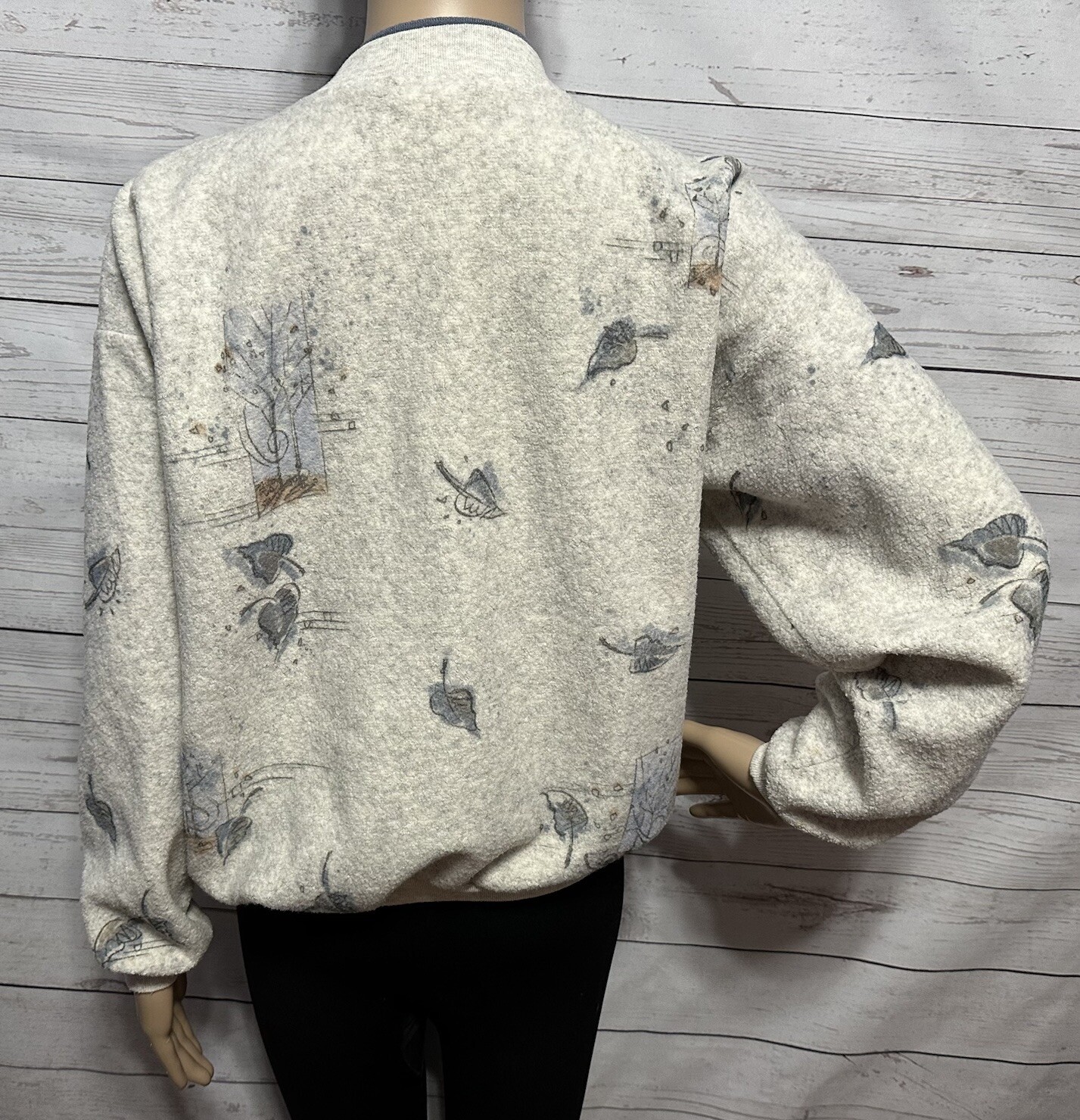 Vintage 90s Artisans Sweatshirt Large Gray Leaf Fall Button Up Fleece Cardigan