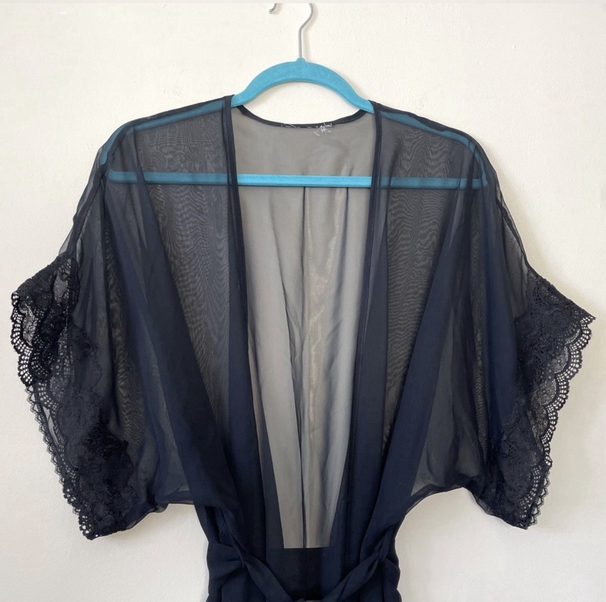 Vintage Black Silk Chiffon & Lace Lingerie Robe Size Small