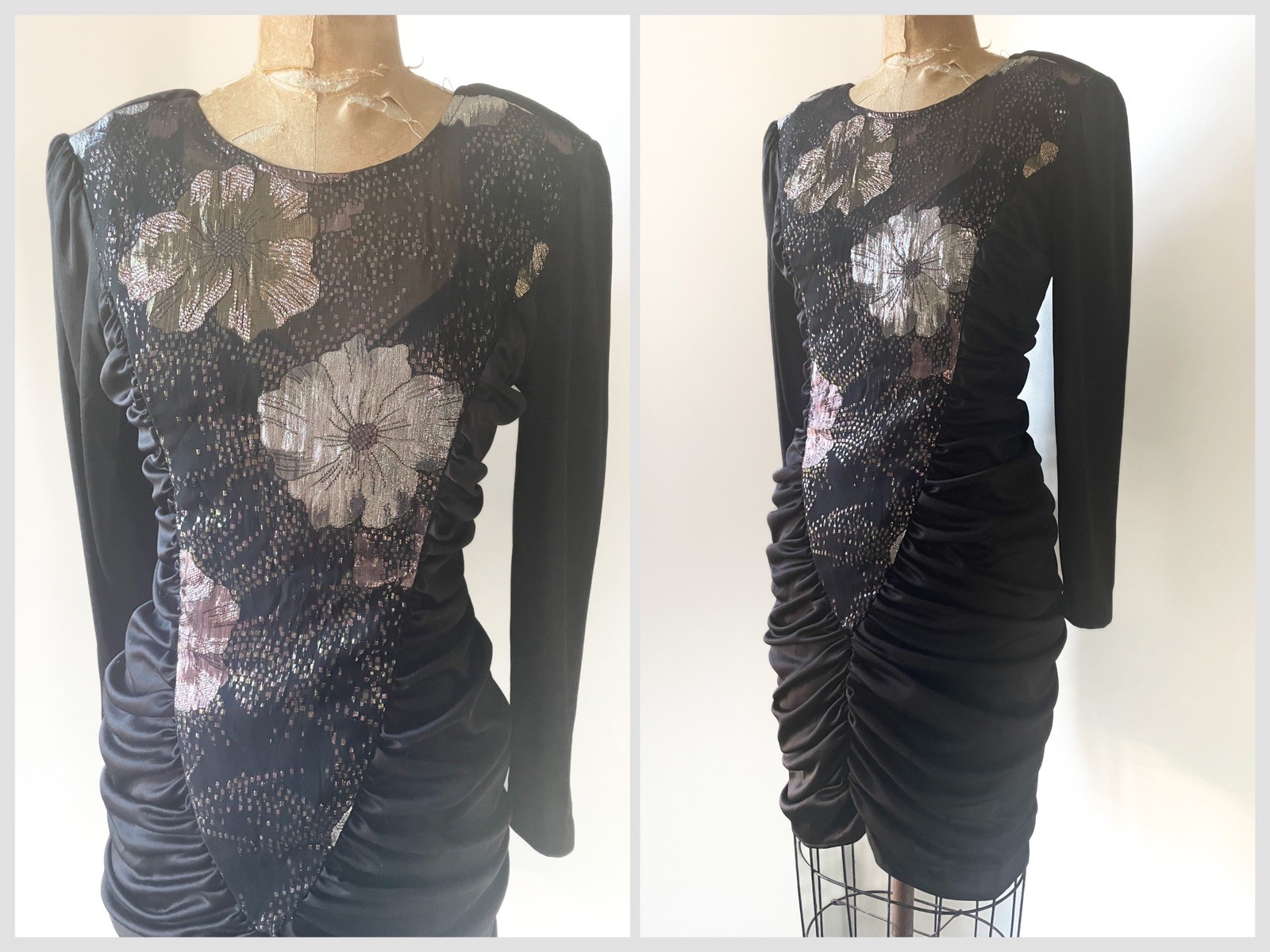 Vintage ‘80s Glam Mini Dress Coffin Ruched Black & Sparkly Lurex Body Con XS