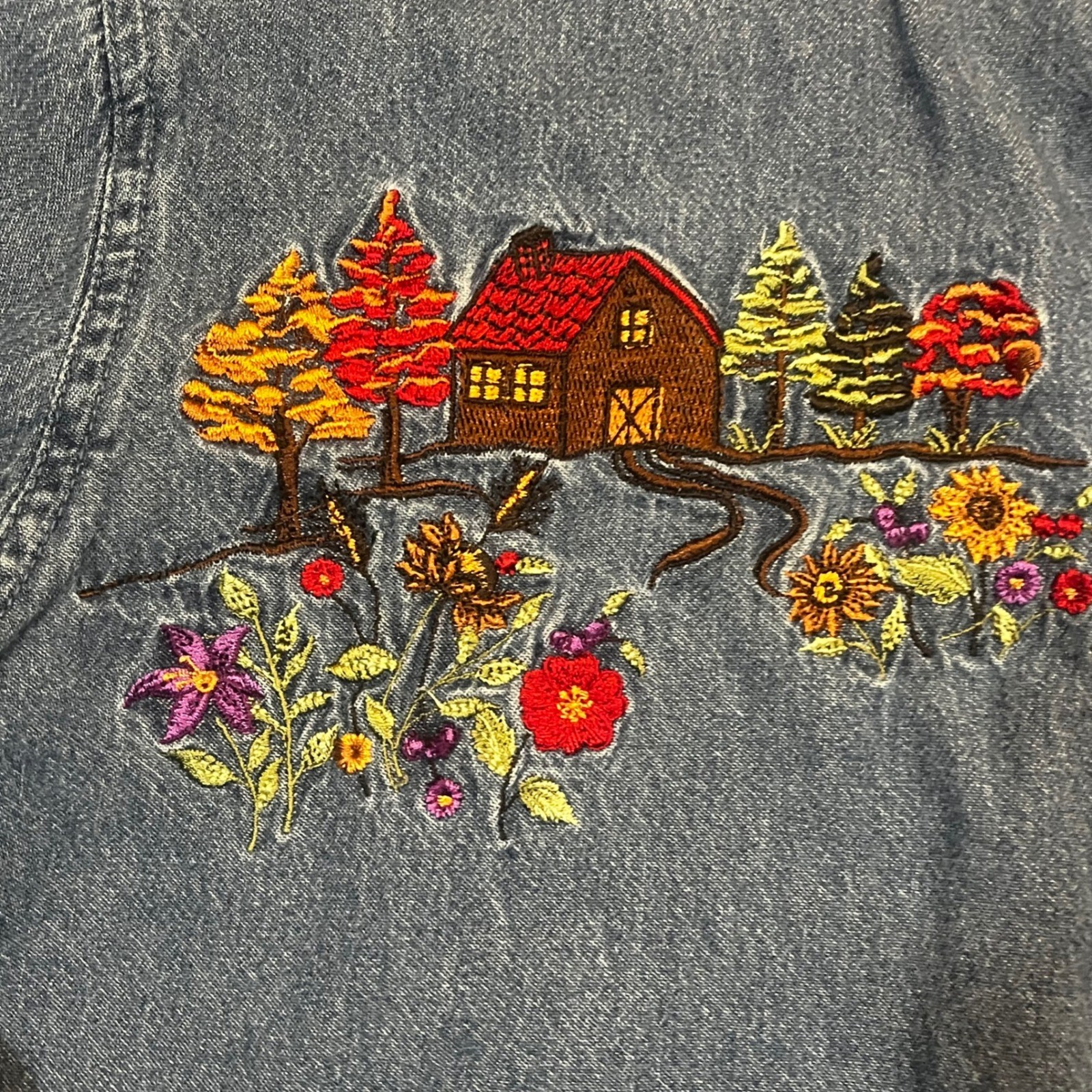 Vintage Victoria Jones Denim Shirt Womens S Embroidered Cabin Corduroy Collar
