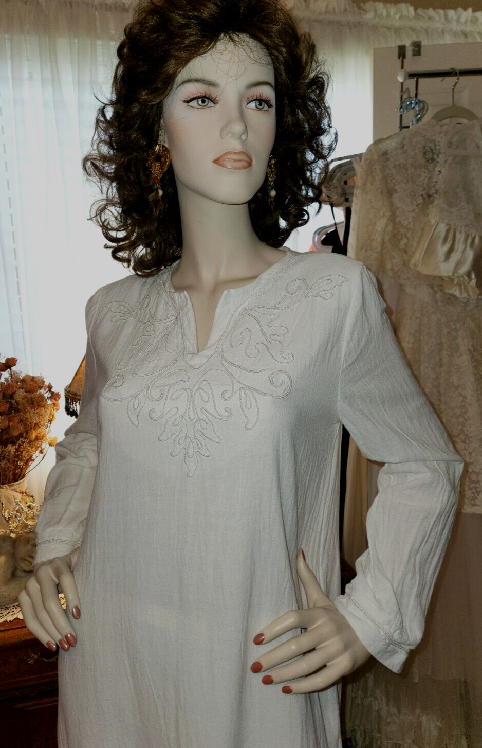 Vtg Georgette Trabolsi Saks Fifth Avenue White Crinkle Hostess Gown Robe Dress S
