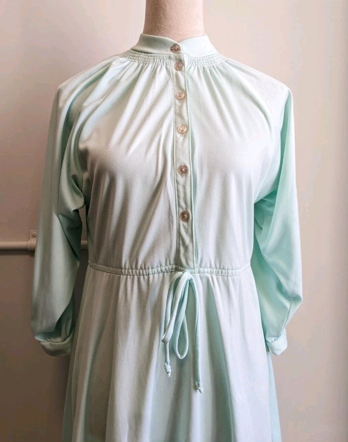 Vintage 70s Prairie Dress Womens Large Mint Green Long Sleeve Cottagecore