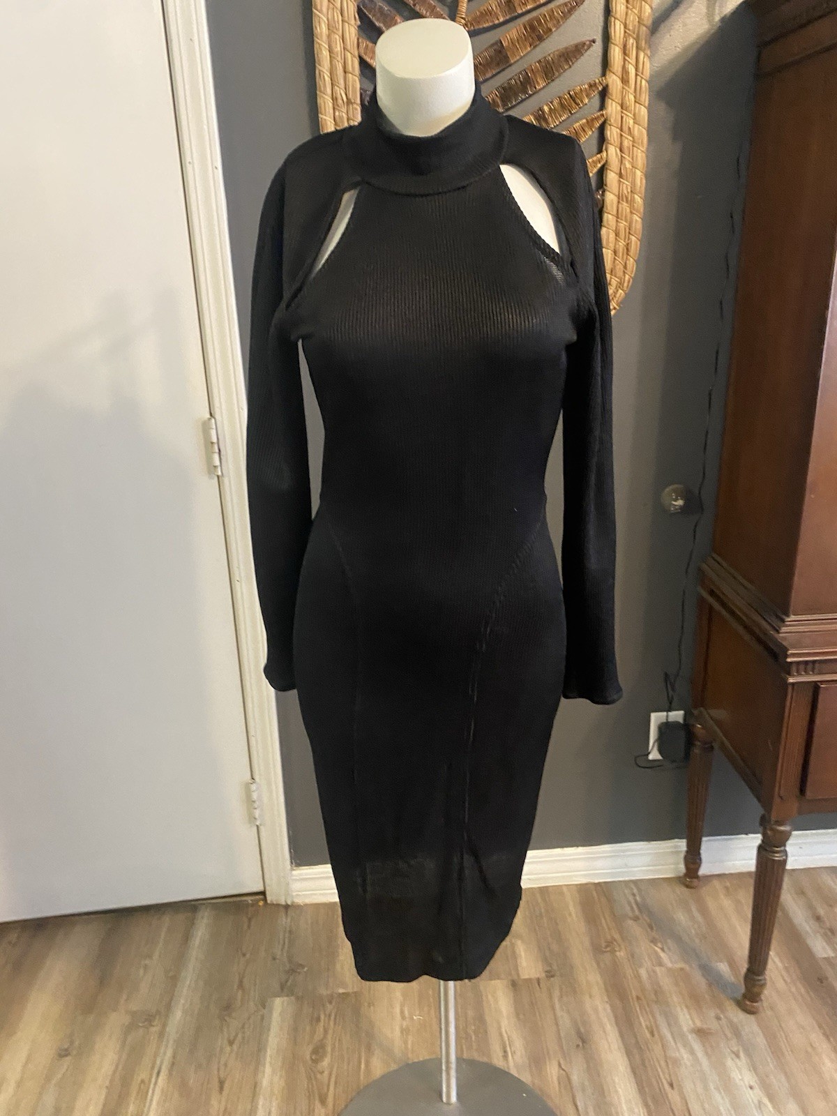 Vintage 90s L.A. GLO Black Bodycon Black Cut Out Dress Size S Ribbed Knit