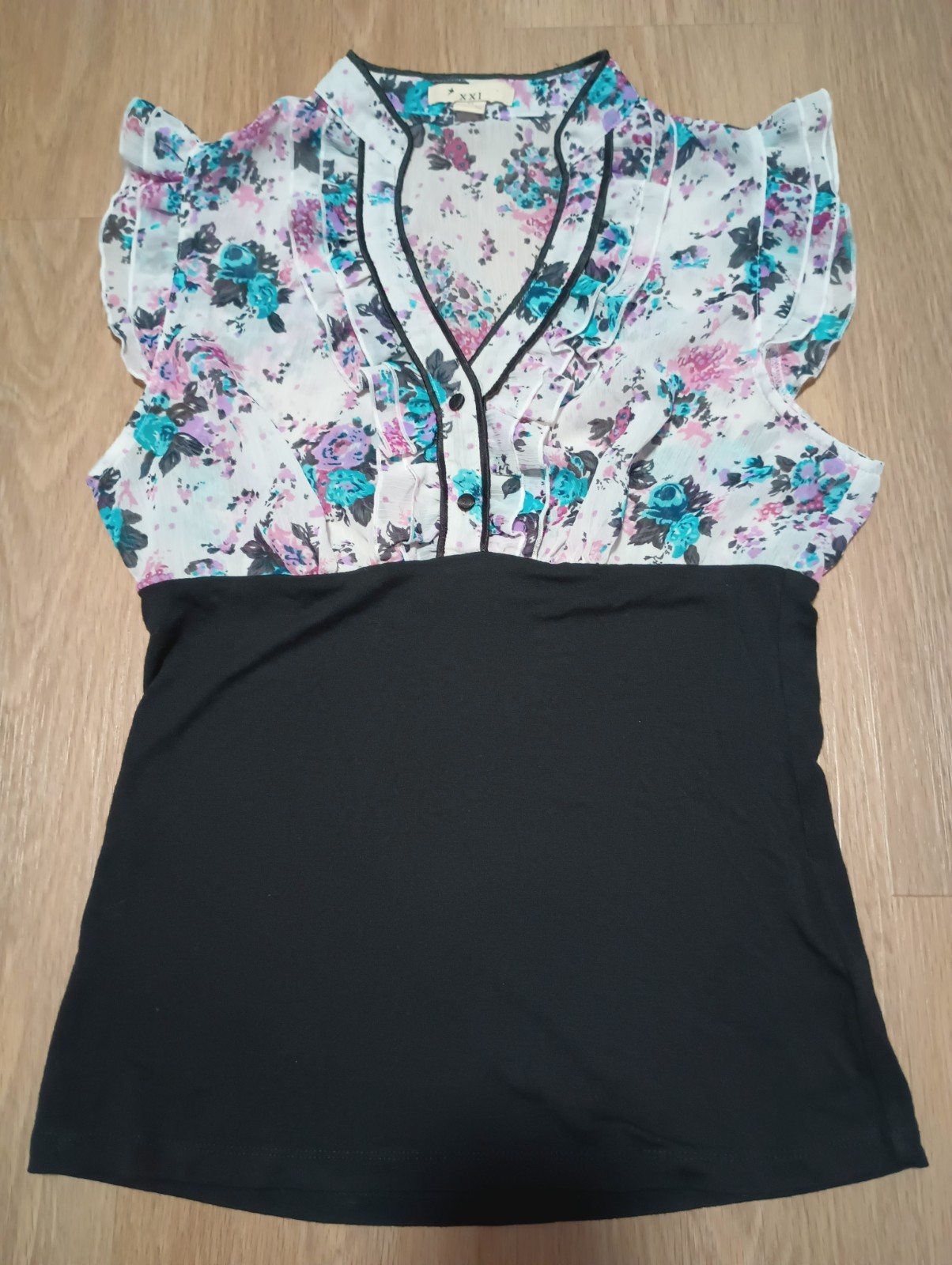 Vtg Y2K FOREVER 21 Sheer Tube Ruffle Tux Mandarin Collar Top M