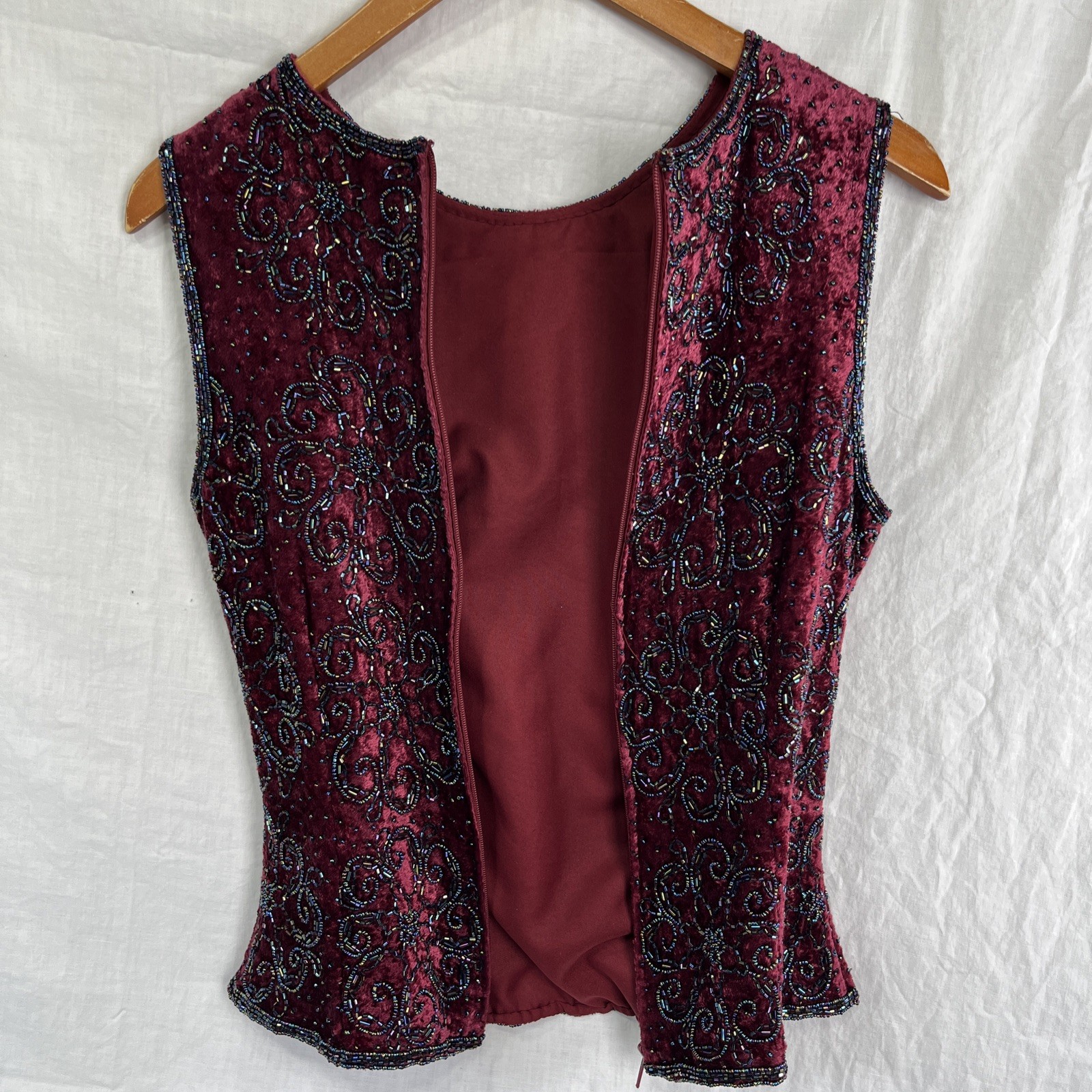 Vintage Paradise NY Beaded Velvet Floral Sleeveless Top Maroon Zip Size Small S