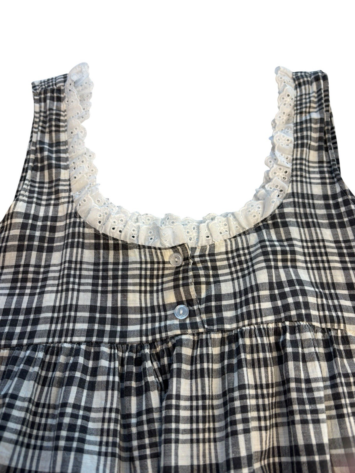 Vintage Papillon Paula Carbone Nightgown Black White Plaid Eyelet Cottagecore L