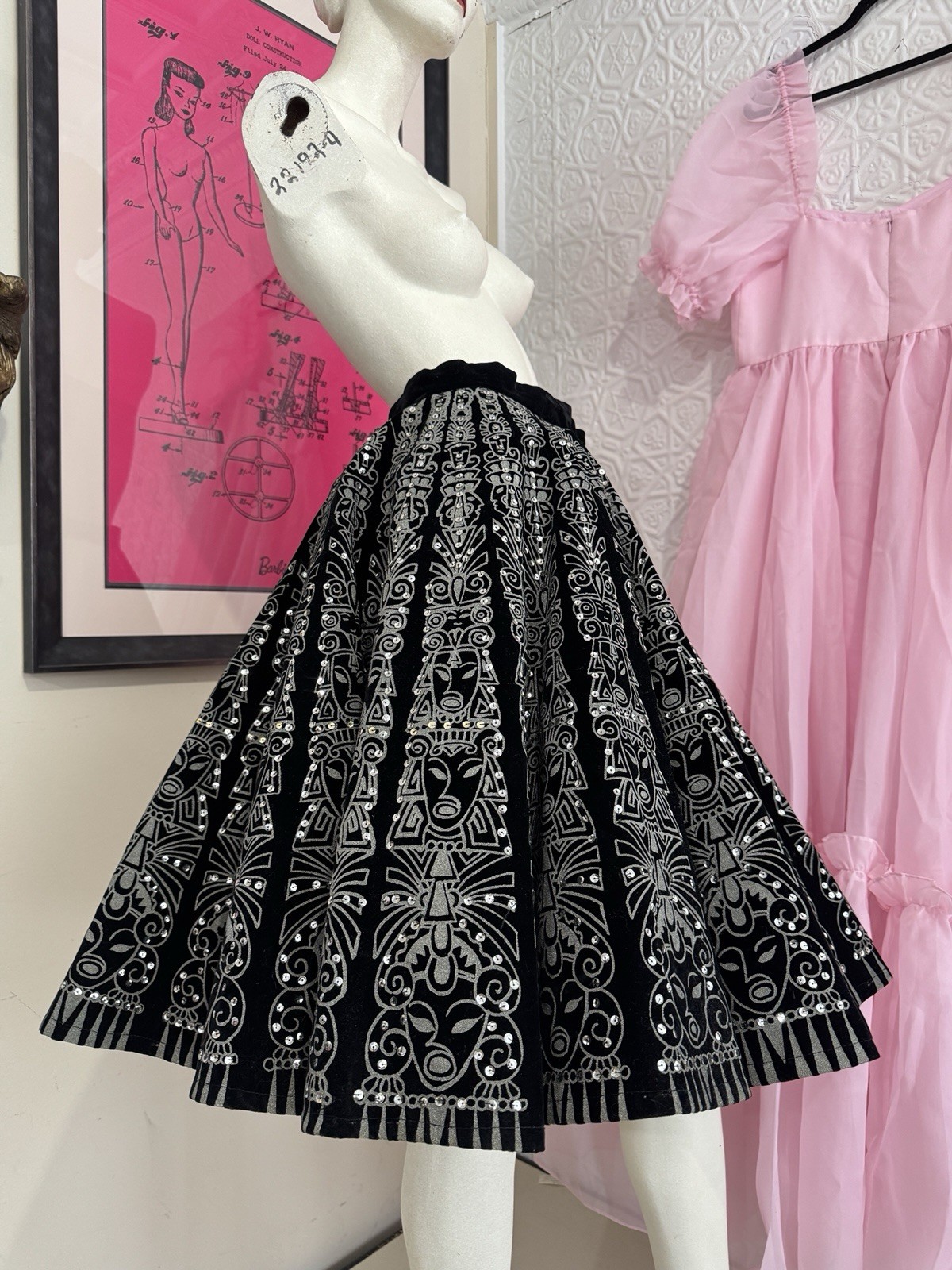 Vintage Velvet black circle skirt-Hand painted-Sequin-1950s-Skate-Silver-Deity-M