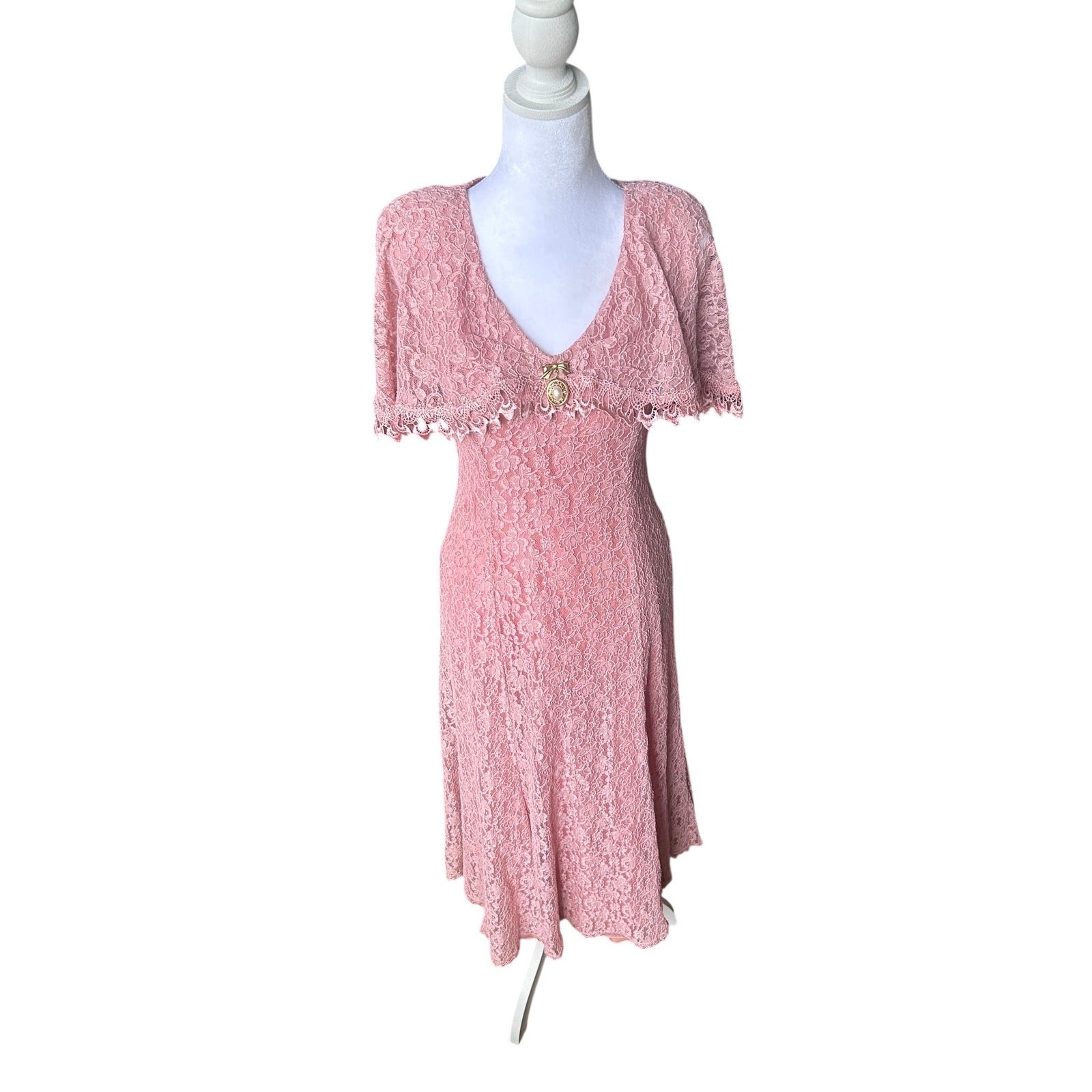 Vintage Cachet by Bari Protas Pink Lace Midi Dress Cape Collar USA Made 7/8